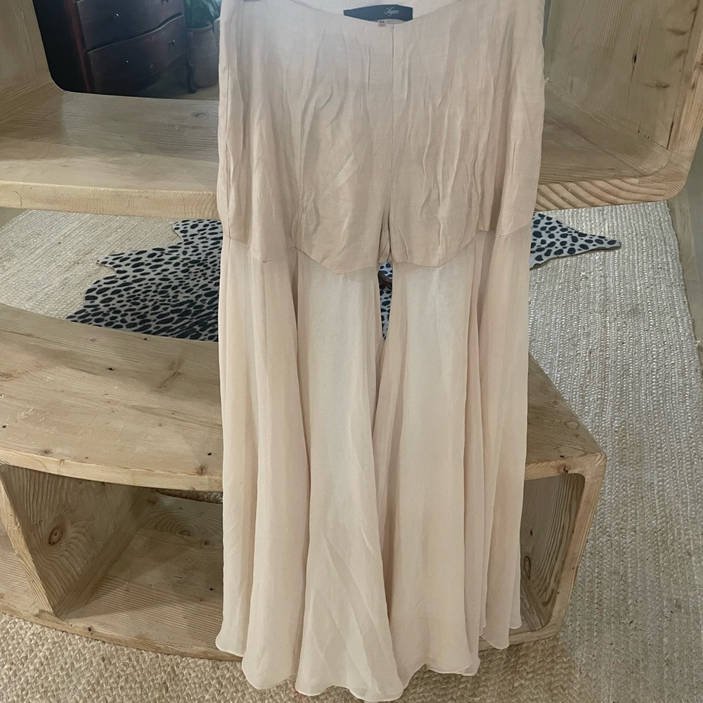 Vintage Elegant Cream Scalloped Shorts with Sheer Wide-Leg Chiffon